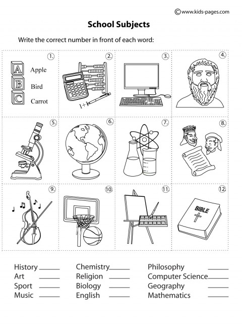 School Subjects Matching B W Worksheet
